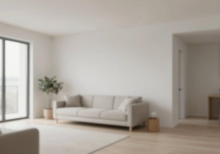 A bright, clean, renovated interior of a modern apartment, showing the result of expert value optimization. Neutral colors #F7F9FB and #6D8B9B.