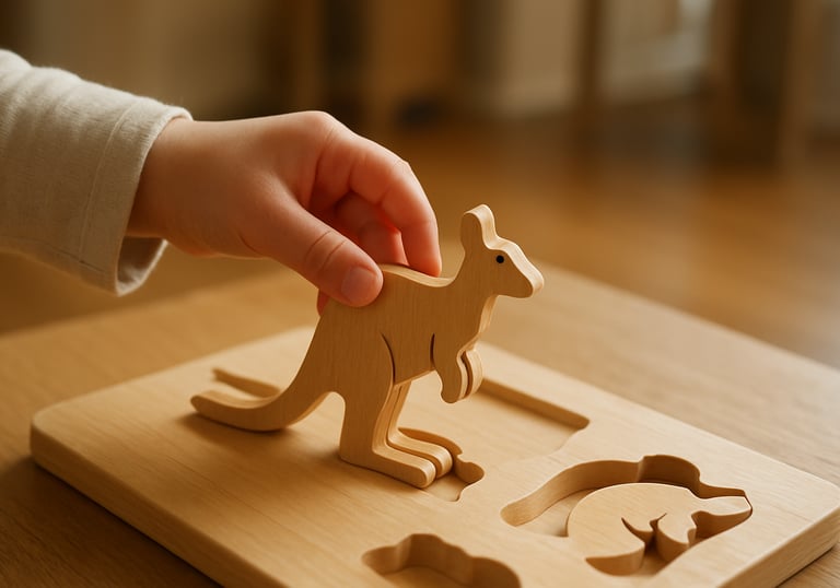 Close-up of a child's hand placing a wooden puzzle piece of a kangaroo into a board. Natural lighting in a professional Australian home.