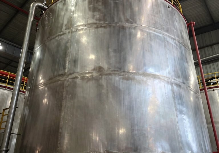 Low angle shot of a massive finished cylindrical industrial tank in a Mexican facility, shimmering metallic finish, professional industrial photography.