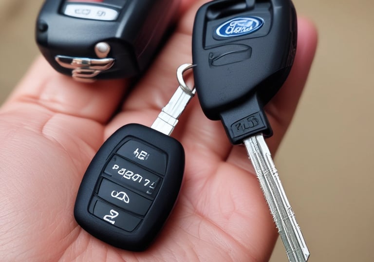 A set of freshly cut car keys next to a vehicle steering wheel.