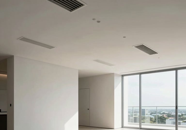 Clean, wide-angle interior of a modern Miami living space with invisible, integrated ceiling vents and a high-tech minimalist feel.