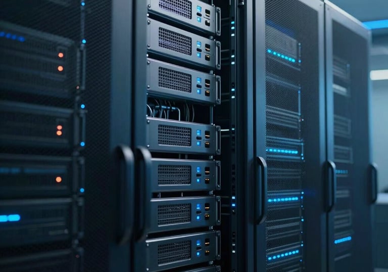 A futuristic server room with soft blue lighting representing advanced technology and digital infrastructure, professional photography.