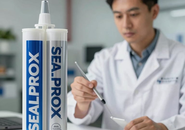 A technician warmly advising a builder on the best sealant options with product samples displayed.