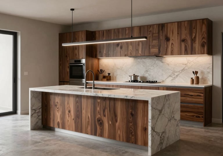 A spacious modular kitchen with a central marble-top island, walnut wood textures, and minimalist pendant lighting, set in a modern South Asian interior.