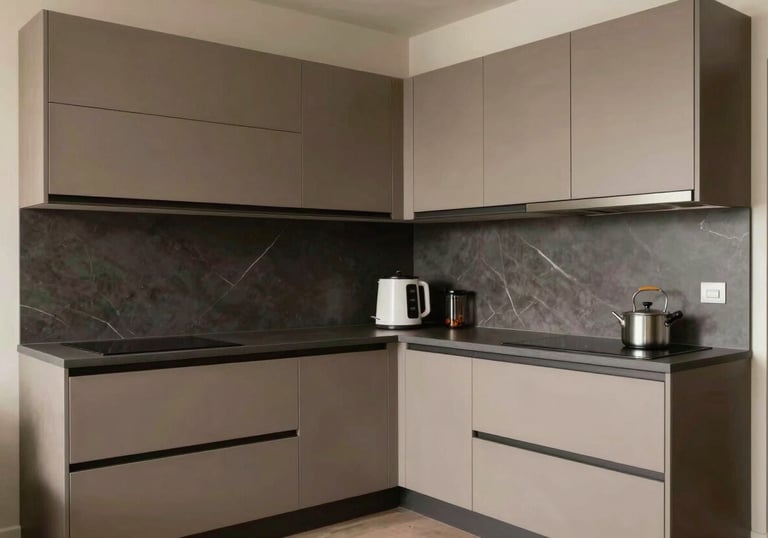 A sleek L-shaped modular kitchen with matte finish cabinets in earth tones and hidden handles, designed for a compact Pune apartment.