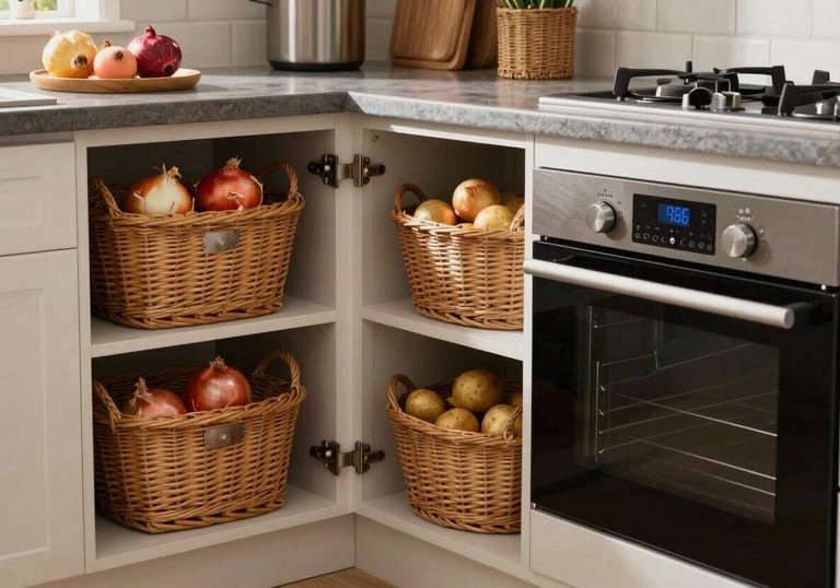 A comprehensive U-shaped kitchen layout with smart storage accessories, wicker baskets for onions/potatoes, and a built-in oven.