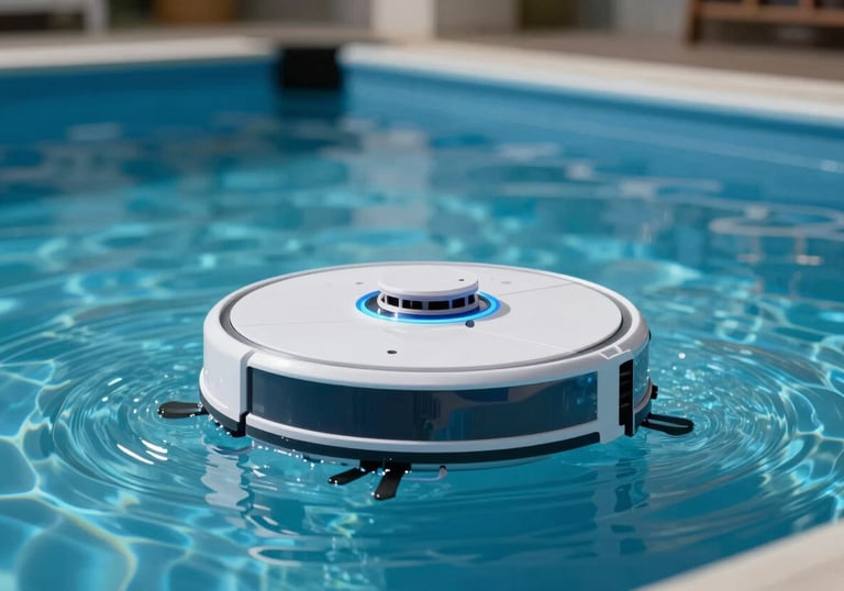 An automated pool cleaning robot working efficiently on the bottom of a clear pool. Modern, innovative maintenance equipment. Cool blue lighting.