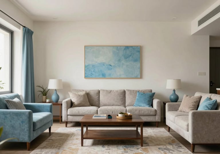 Interior shot of a vibrant living room in a South Asian / Indian apartment, painted in modern Soft Off-White and Sky Blue tones.