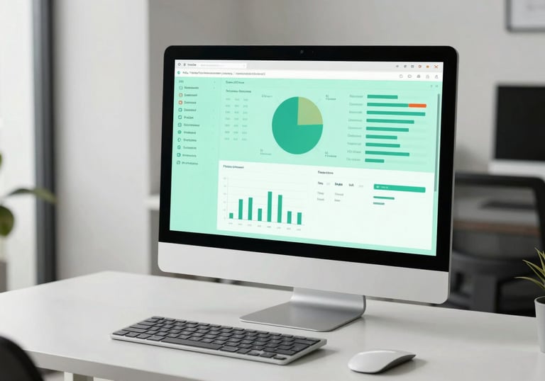A clean, minimalist desk with a single modern monitor showing an analytics dashboard in seafoam green. The setting is a bright, airy office in Southeast Asia / Indonesia.