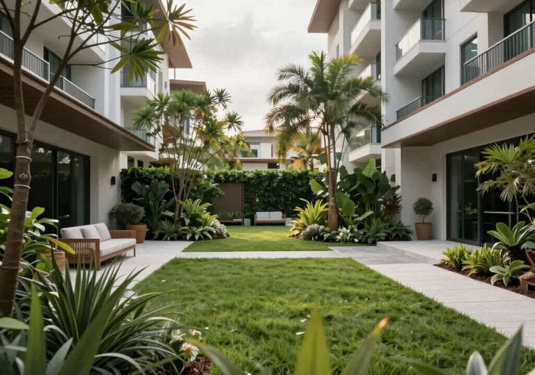 A lush, eco-friendly landscaped courtyard at a modern North American South Florida residential complex with sustainable design features.