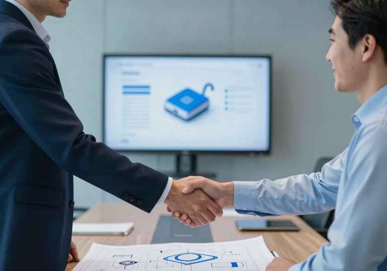 Two corporate executives in a modern boardroom shaking hands over a blueprint for a new electronic device. The scene is lit with cool blue tones (#3F72AF), conveying successful partnership.