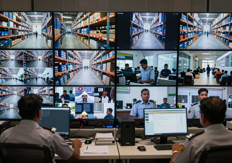 A high-resolution wall of monitors in a security control center, displaying live feeds of a warehouse and lobby, South Asian / Indian security personnel in background.