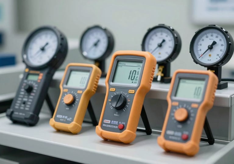 A collection of high-end measuring instruments like megohmmeters and ground testers arranged neatly on a testing rack. Sharp focus, professional lighting with #3A4750 gray accents.