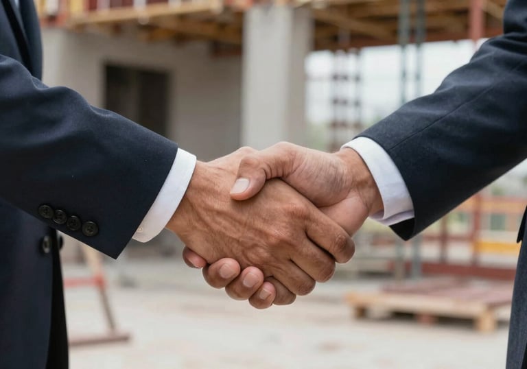 A high-quality close-up of a firm handshake between two professionals in business attire at a construction site in a Latin American / Spanish environment, symbolic of trust and partnership.