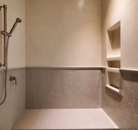 Tadelak plaster on upper half of shower in Longmeadow Ma