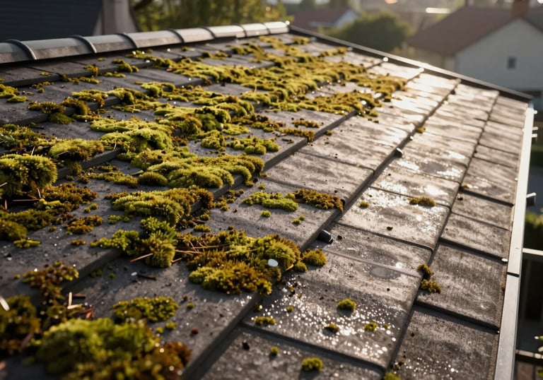 A wide shot of a clean, moss-free residential roof in France reflecting bright afternoon sunlight, showing the results of professional maintenance.