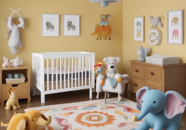 A child’s bedroom wall decorated with colorful playful printable art featuring animals and fun shapes.
