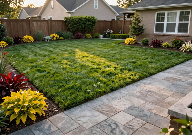 A wide, eye-level shot of a perfectly manicured backyard in a North American suburb, featuring a healthy green lawn, clean edges along a stone patio, and vibrant perimeter plants, late afternoon lighting.