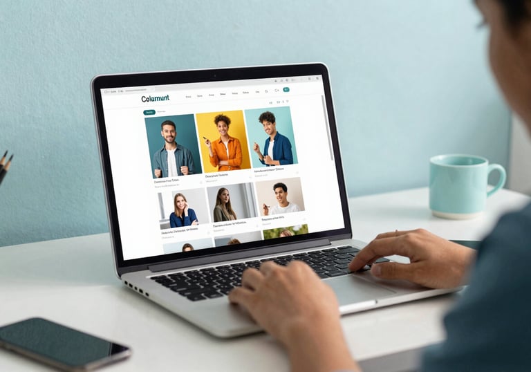 A professional Latin American workspace with a laptop displaying a vibrant product catalog, surrounded by soft lighting and pale cyan decorative elements.