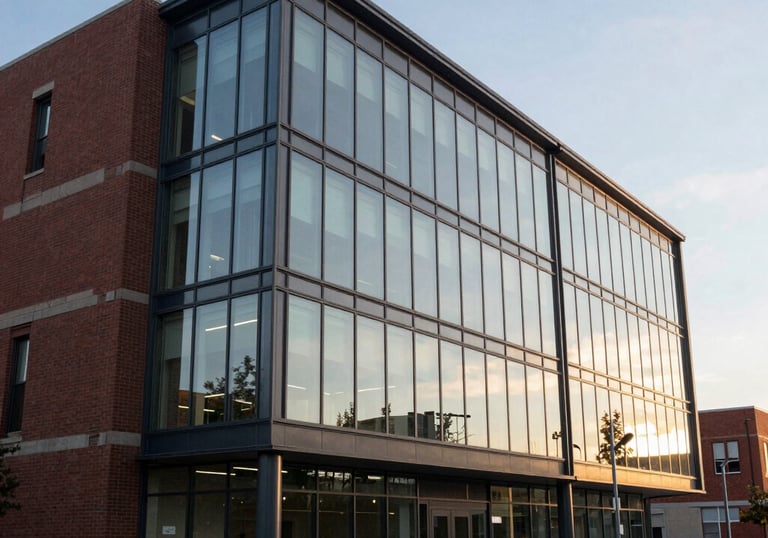An exterior view of a contemporary glass and brick office building in Kitchener, Ontario, representing the headquarters of a forward-thinking tech firm during a clear afternoon.