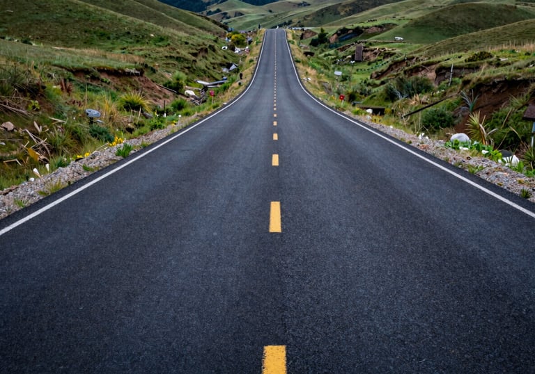 A wide-angle landscape shot of a newly paved asphalt road stretching into the distance through green hills, North American / US location.
