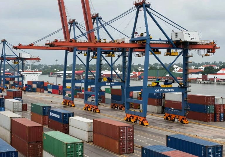 A dynamic shot of a shipping port in Côte d'Ivoire with containers and cranes, representing the professional scale of import-export activities.