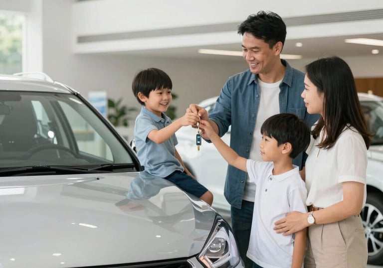 A happy Southeast Asian family receiving the keys to their new Suzuki car in a bright, modern dealership showroom.