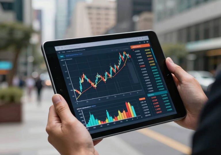 A digital tablet showing growing financial graphs and CDT investment data, held by a professional in a Colombian business district setting, sleek design.