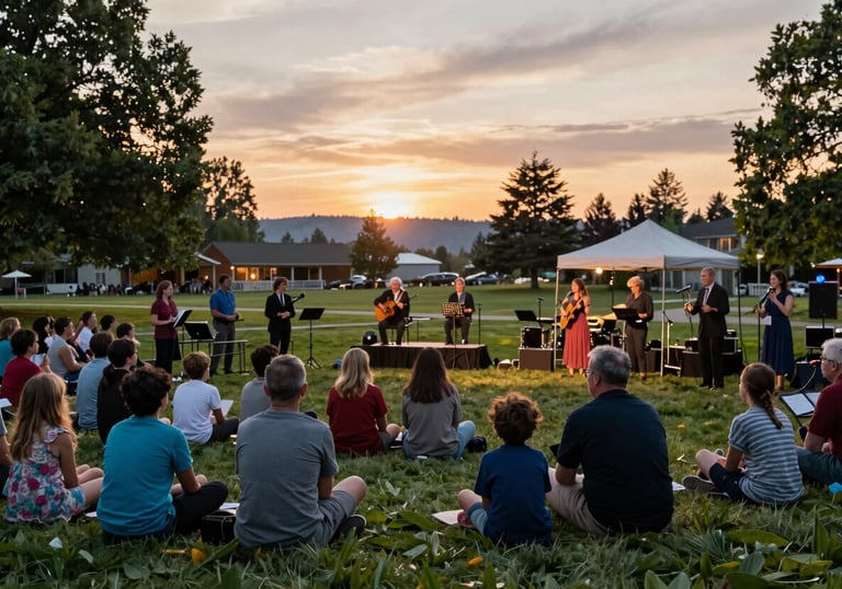 An outdoor community opera event at sunset in a Kennewick, Washington park, local families enjoying music, sophisticated yet inviting atmosphere, warm evening light.