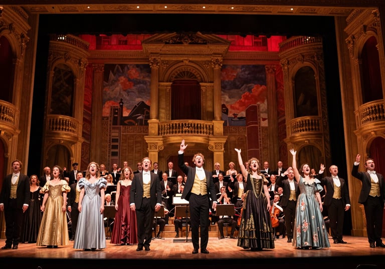 A wide, dramatic shot of a grand opera stage during a live performance in a North American opera house. The stage is illuminated with rich, warm golden and deep red theatrical lighting, highlighting elaborate, classical scenery that suggests an opulent historical setting. Soloists and chorus members in period costumes are performing a climactic scene, their faces conveying intense emotion and their voices projected with powerful expressions. An orchestra is visible in the pit below, led by a conductor with an impassioned gesture. The composition captures the spectacle, artistic excellence, and emotional depth of a live operatic production, with a sophisticated and timeless aesthetic.