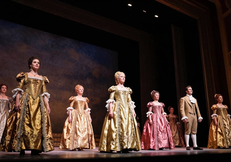 A low-angle shot of a grand opera stage during a performance, intricate period costumes in gold and deep rose, dramatic stage lighting, professional theatrical composition.