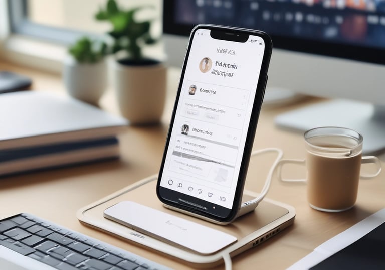 Teléfono inteligente cargándose en un escritorio de oficina moderno con computadora portátil y café.