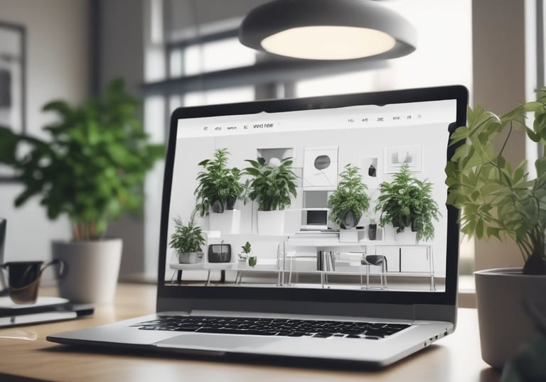 Ordenador moderno sobre un escritorio de madera que muestra un diseño web profesional