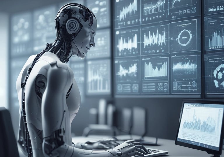 Inteligencia artificial que analiza datos en múltiples pantallas digitales en una sala futurista