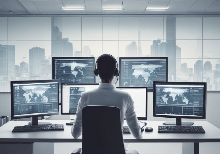 Un analista de ciberseguridad en un centro de control de alta tecnología que monitorea datos globale