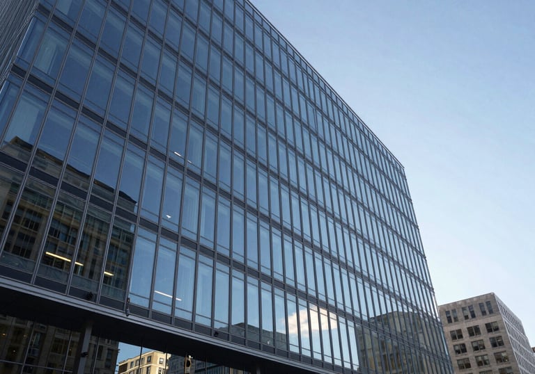 Professional exterior photography of a modern glass corporate headquarters in a North American business district under a clear sky.