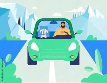 Animated picture of Maltese dog in car with new parent. 