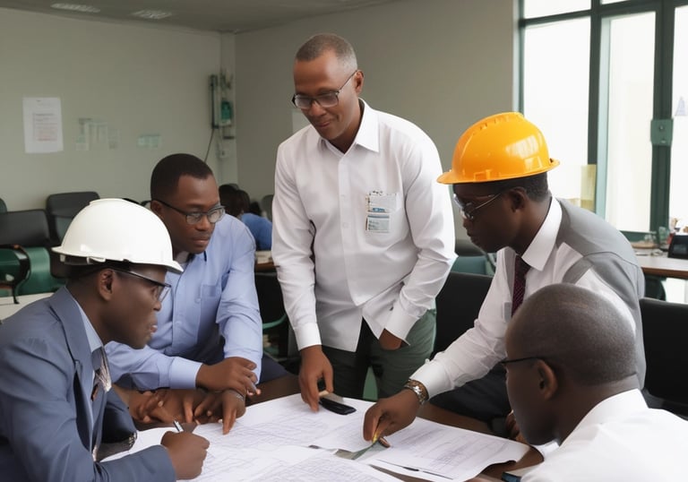 Consultants discussing business plans in a modern office setting.