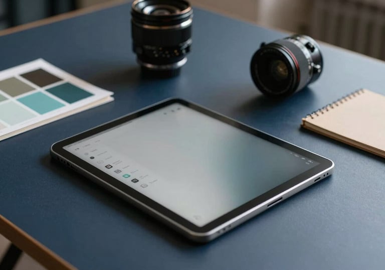 A clean, modern studio workspace with artistic color palettes and a digital tablet on a deep charcoal blue table.