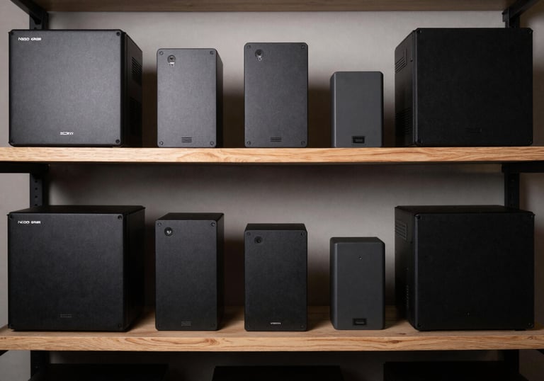 An organized shelf of gaming technology in a North American / US creator studio. Deep black hardware boxes and charcoal gray accessories neatly arranged with soft studio lighting.