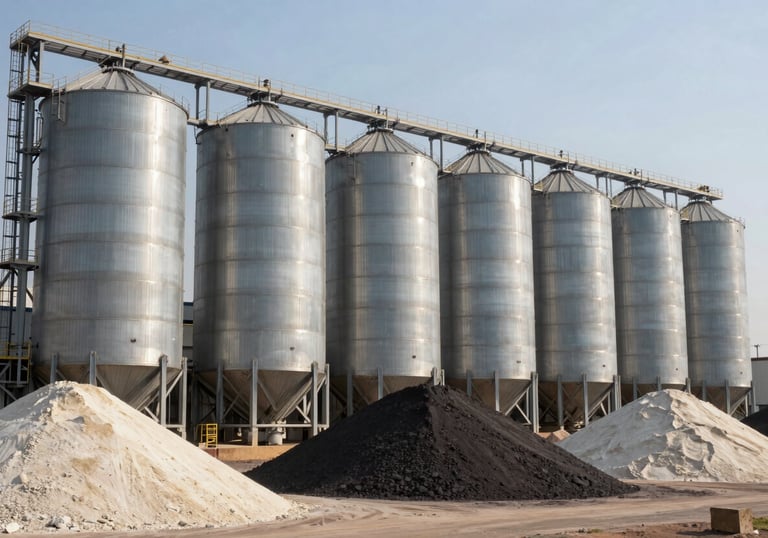 A row of large industrial silos and stockpiles of minerals at a South American / Brazilian mining facility, showing capacity and scale, bright daylight.