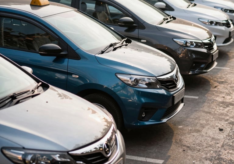 A fleet of professionally branded cabs lined up in an urban South Asian plaza, sleek modern photography style, daylight, steel blue and charcoal tones.