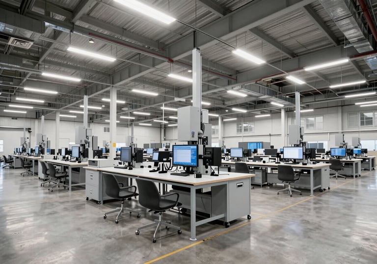 A large, brightly lit modern warehouse interior in a North American / International city, with automated systems and clean organization, professional atmosphere.