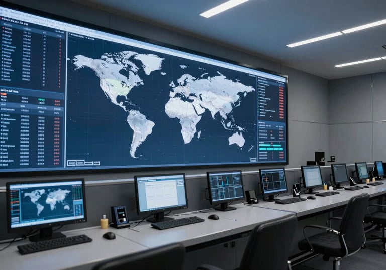 Interior of a modern logistics control room with large screens displaying global maps and data, blue and slate gray tones, Global / International.