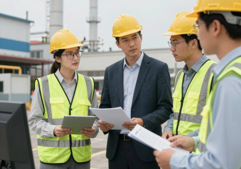 Technicians conducting air and water quality tests at an industrial site.
