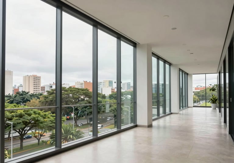 A bright and airy corporate hallway in a Brazilian business center with large glass panels and a view of green urban spaces. The aesthetic is clean and high-end.