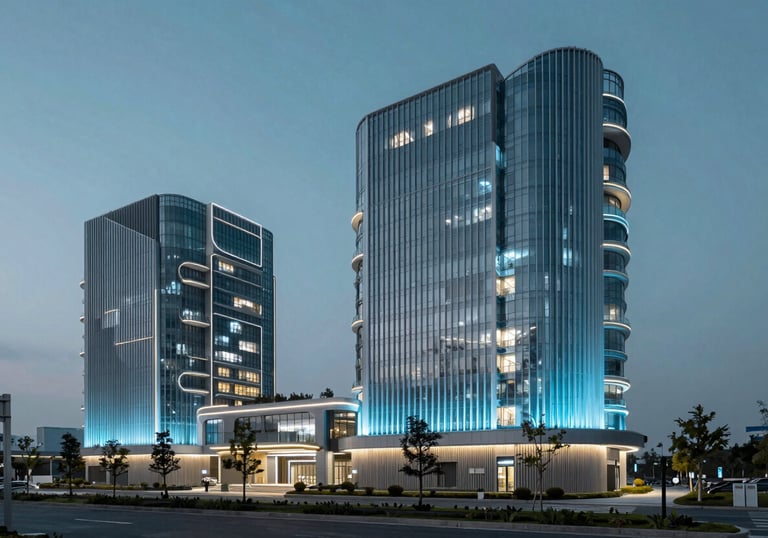 A photograph of a futuristic Global / International commercial building with a sustainable design. The structure is illuminated with soft Sky Blue lighting against a Teal Slate evening sky.