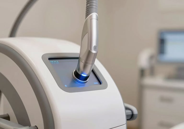Close up of high-tech laser equipment used in aesthetics, looking sleek and professional, integrated into a modern clinic setting (#4A433D, #DDCDBB).