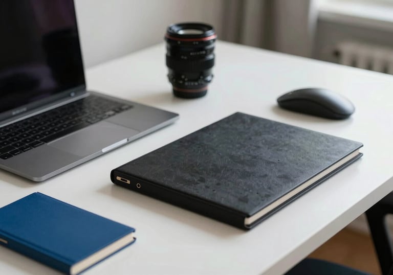 Professional photography of a digital strategist's workspace in a North American / US setting. A clean white desk with deep black and vibrant blue tools. Soft natural lighting.