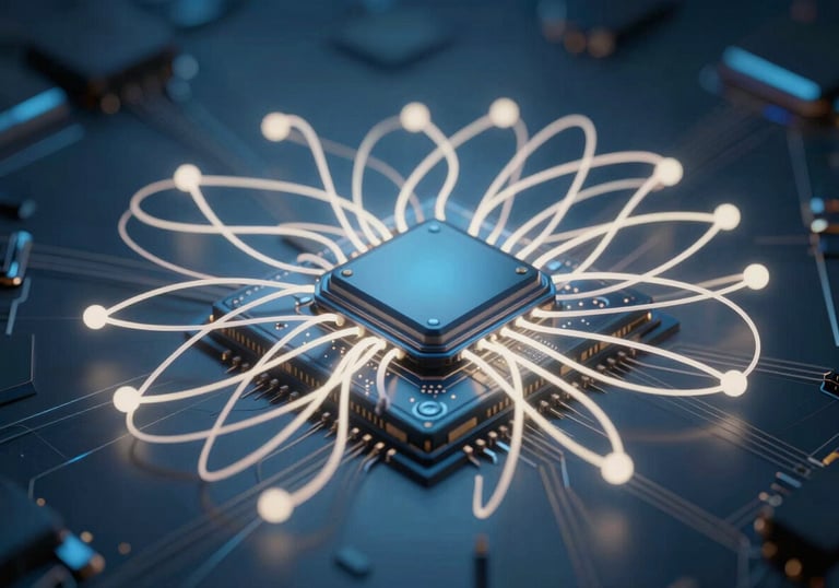 A symbolic visualization of a neural network being processed by a chip, medium blue and off-white light trails, clean tech aesthetic.